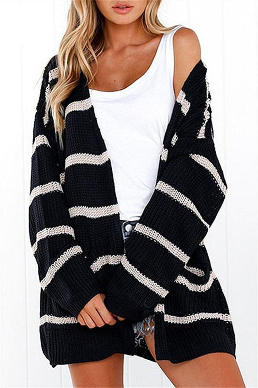 Casual V Neck Striped Pocket Cardigan
