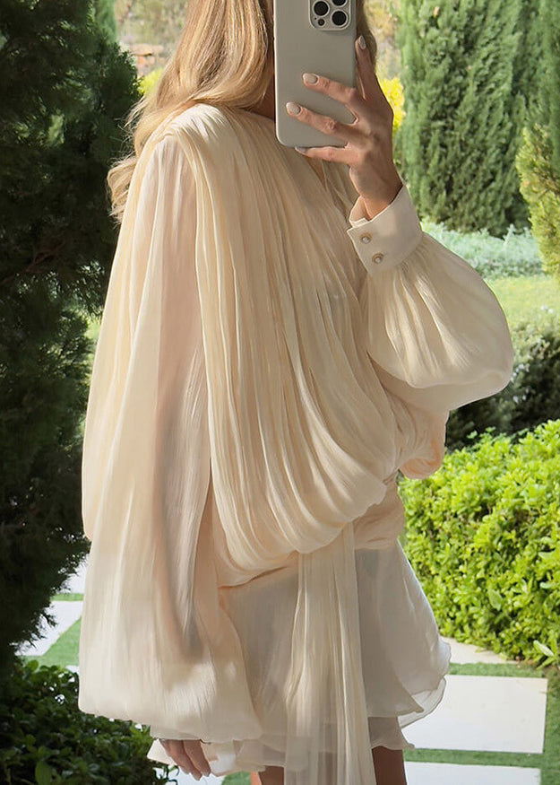 Elegant Apricot Wrinkled Lace Up Tulle Mini Dress Spring