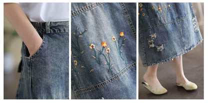 Vintage Denim Shredded Embroidered A-Line Skirt