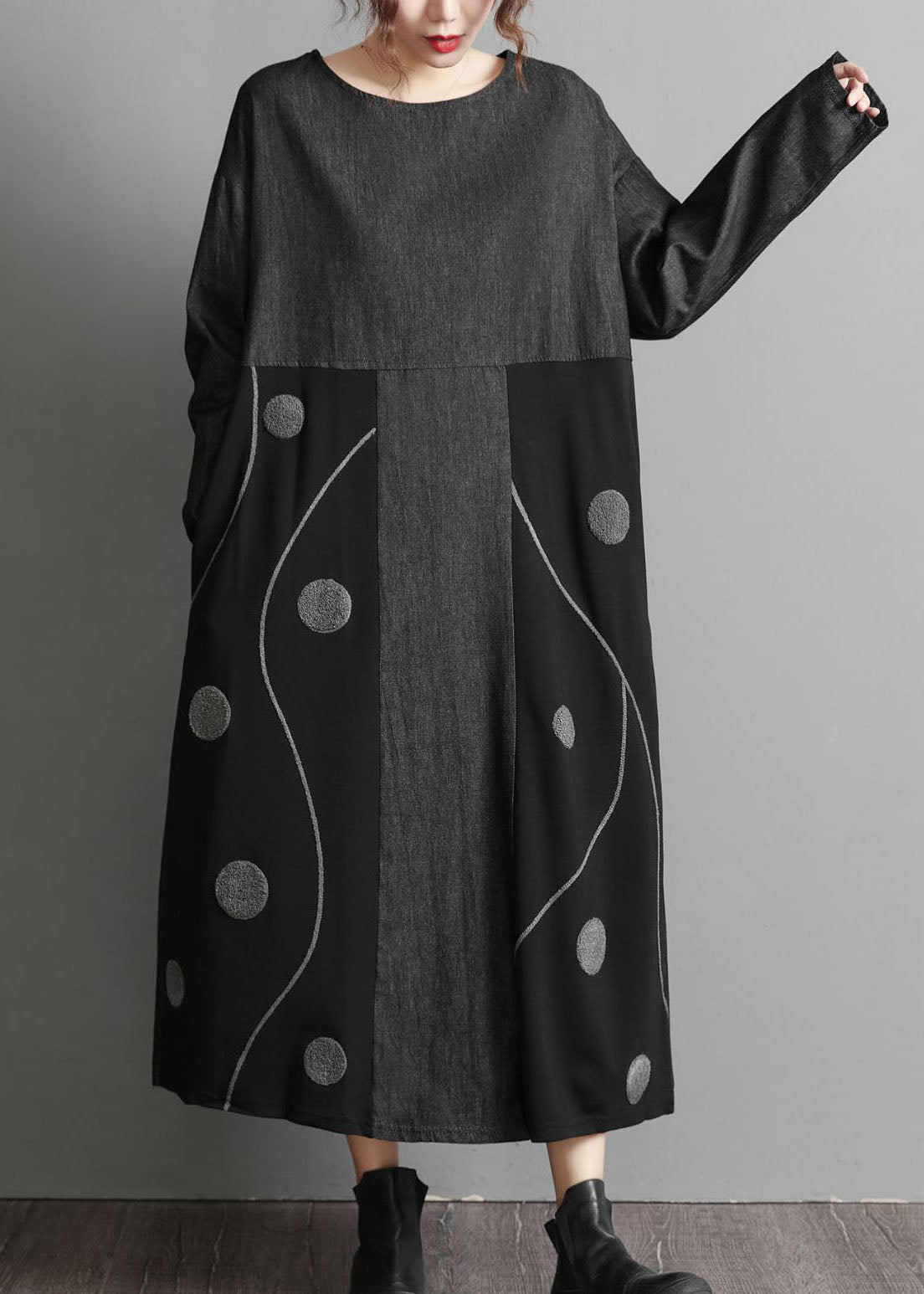 Black Pockets Patchwork denim Maxi Dresses Embroideried