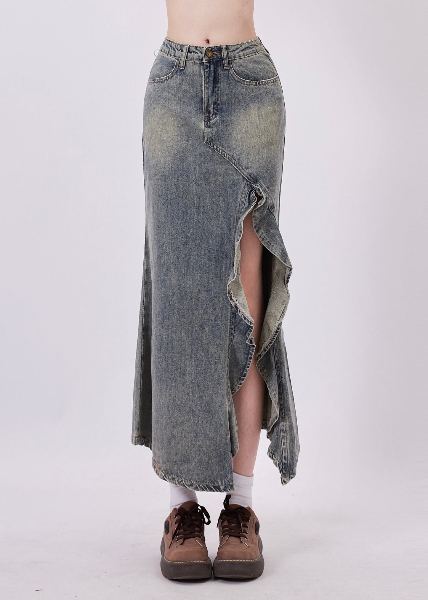 Stylish Blue Asymmetrical Side Open Denim Skirts Spring