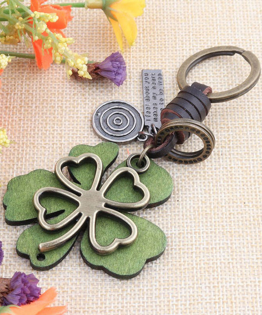 Fine Green Copper Alloy Pentagram Four Leaf Clover Ginkgo Leaf Keychains