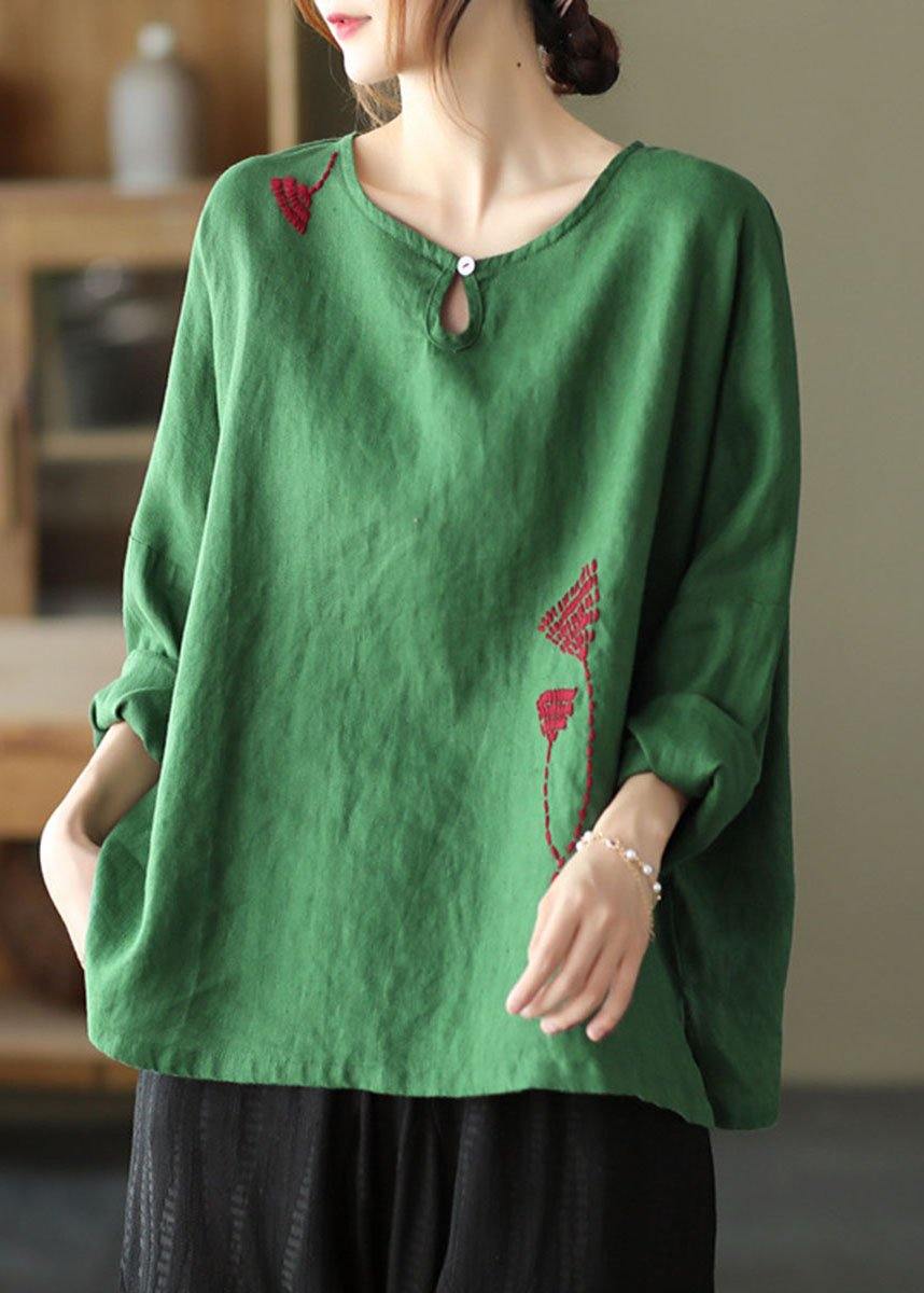 Plus Size Green Loose Embroideried Fall cotton blend Shirt Tops Long Sleeve