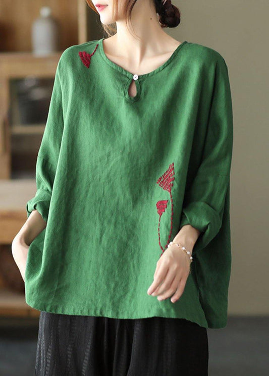 Plus Size Green Loose Embroideried Fall cotton blend Shirt Tops Long Sleeve
