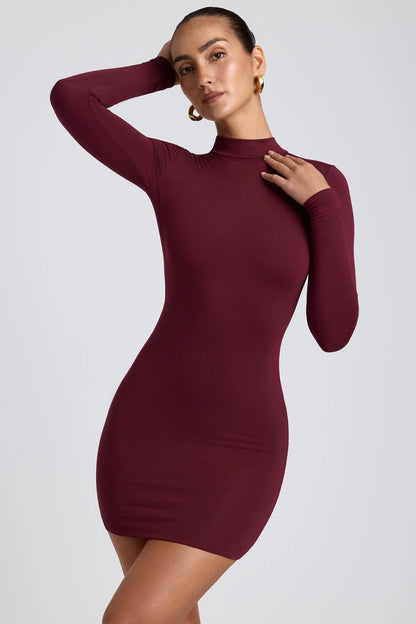 Modal Open-Back Long-Sleeve Mini Dress In Plum