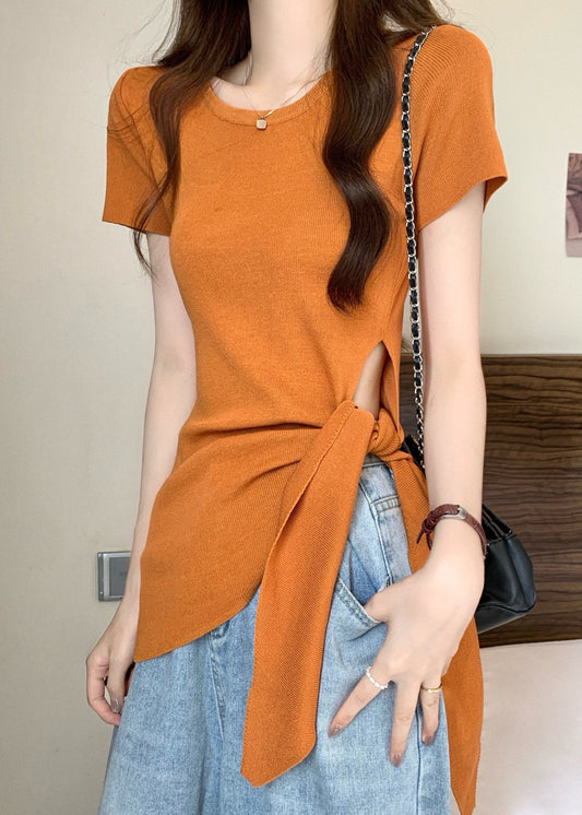 Slim Fit Yellow O-Neck Asymmetrical Hollow Out Bow Top Summer
