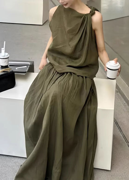 New Green Original Design Tank And Skirts Linen Two Piece Set Sleeveless