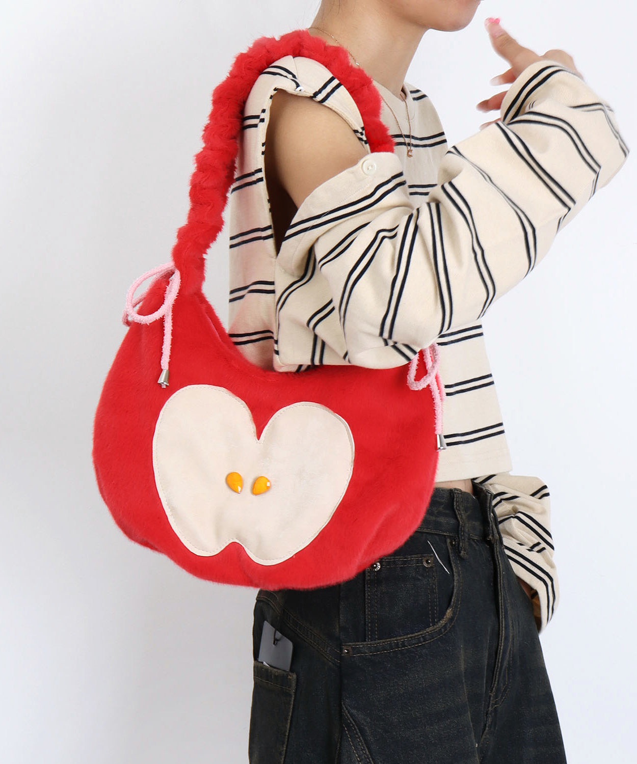 Cute Black Apple Patchwork Fuzzy Fur Fluffy Shoulder Bags