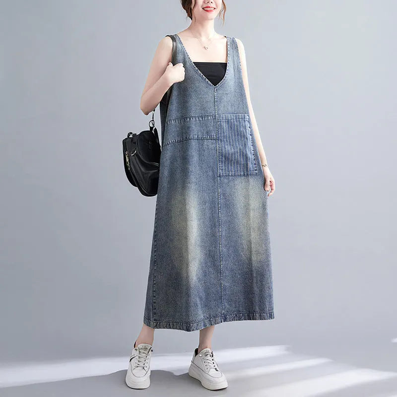Vintage Literary Washed V-Neck Sleeveless Denim Dress