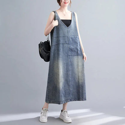 Vintage Literary Washed V-Neck Sleeveless Denim Dress