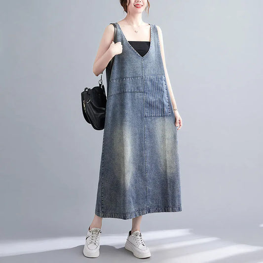 Vintage Literary Washed V-Neck Sleeveless Denim Dress