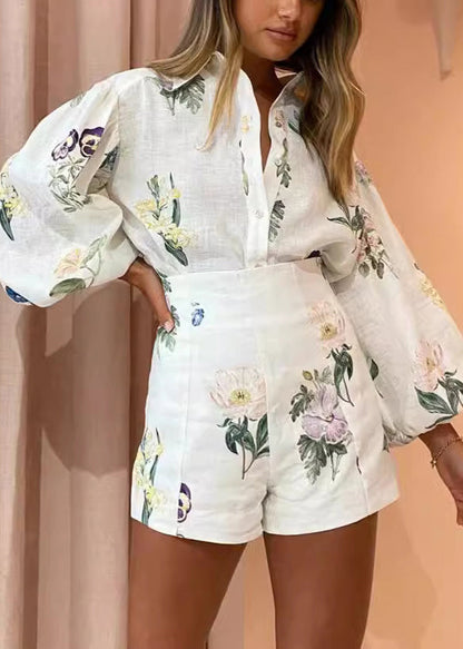 Italian Beige High Waist Button Shirts And Shorts Two Pieces Set Lantern Sleeve