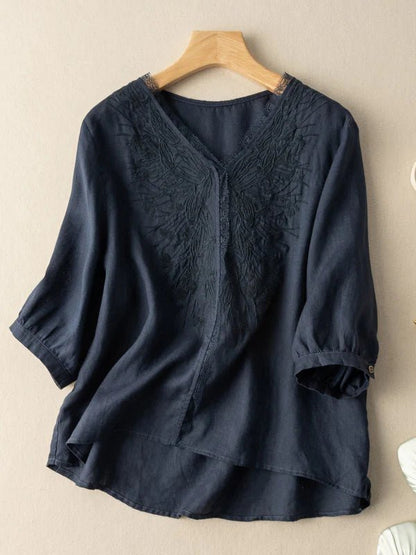 Embroidered V Neck 3/4 Sleeve Casual Linen Tee Top