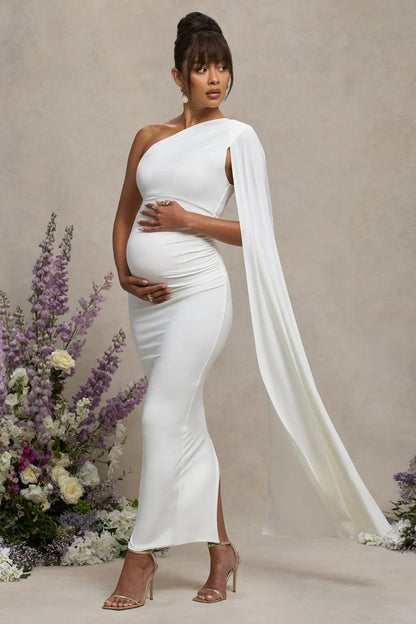 Amaryllis | White Maternity One Shoulder Maxi Dress With Cape Sleeve