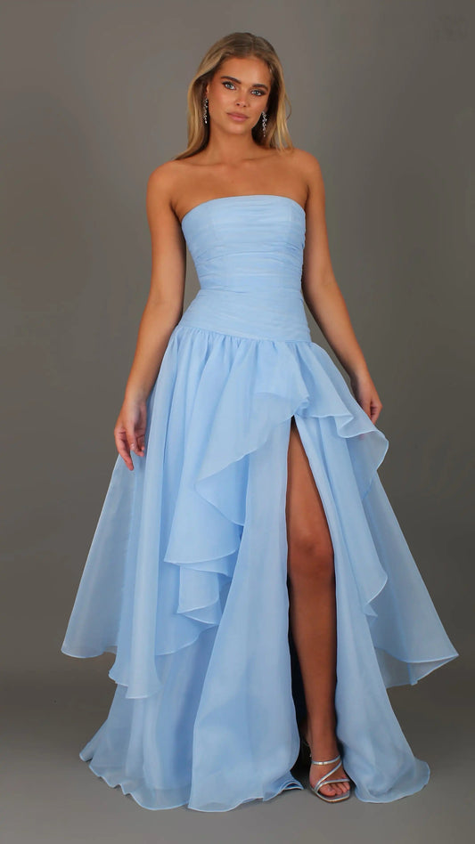 Daisy - Blue Formal Dress, Strapless Corset Drop-waist, organza layered handkerchief skirt, leg slit