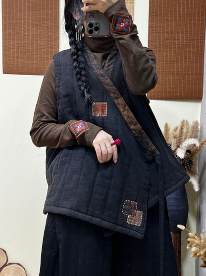 Women Winter Ethnic Style Patch Loose Belt V-Neck Vest
