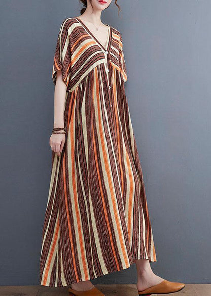 Fashion Orange Striped V Neck Patchwork Holiday Cotton Linen Dress
