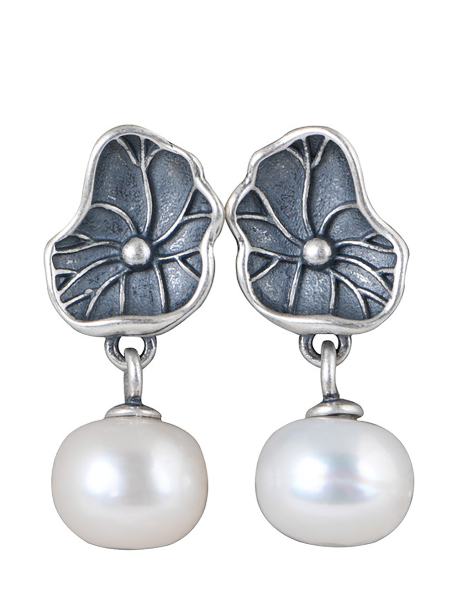 Vintage S925 Silver Women Lotus Leaf Earrings