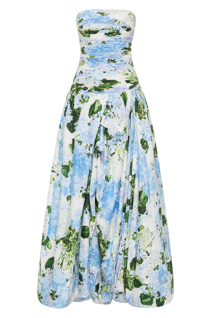 Strapless Hydrangea Floral Print High-Slit Maxi Gown