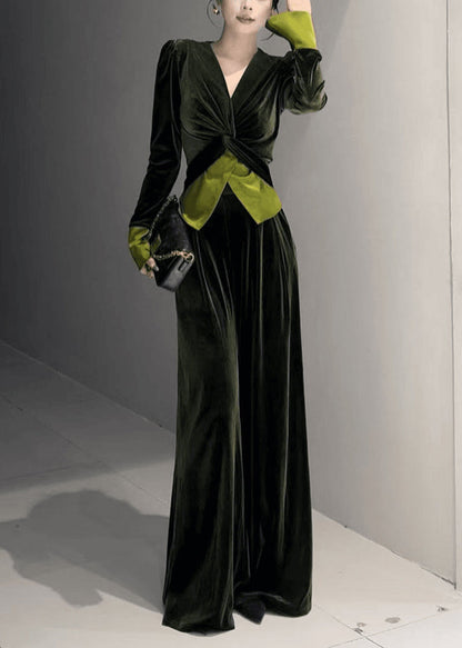 Stylish Green V Neck Cinched Top And Wide Leg Pants Silk Velvet Two Piece Set Spring