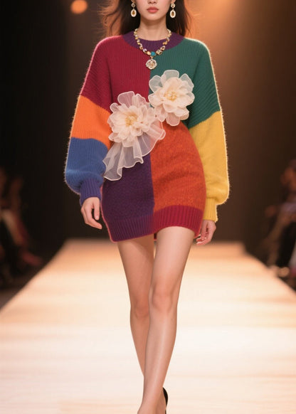 Beautiful Colorblock O Neck Floral Knit Sweaters Tops Fall
