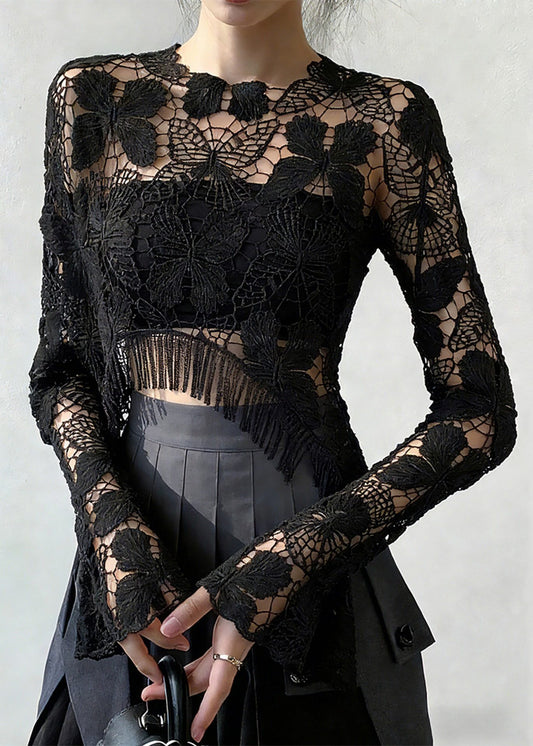 Original Design Black Hollow Out Lace T Shirt Spring