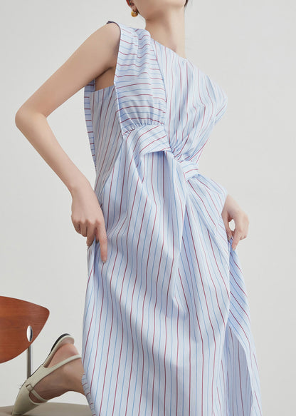 Chic Striped Hollow Out Side Open Cotton Long Dress Sleeveless