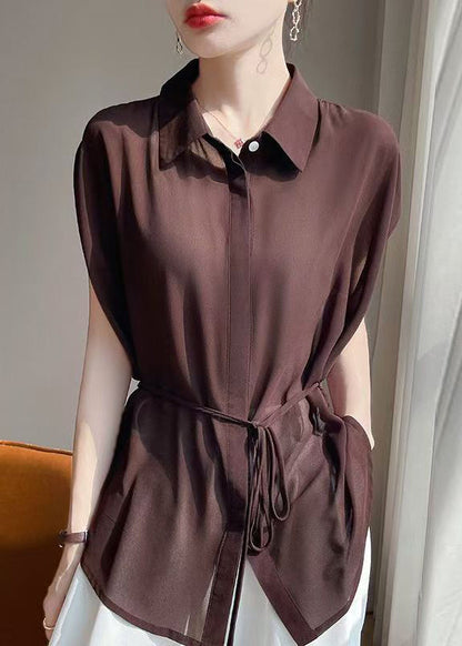 Coffee Lace Up Solid Chiffon Blouses Peter Pan Collar