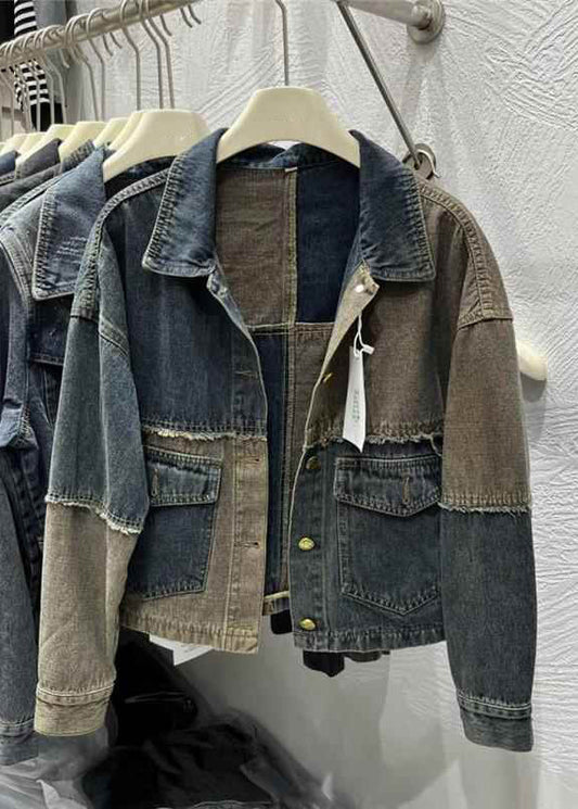 Vintage Colorblock Peter Pan Collar Button Pockets Denim Coats Fall