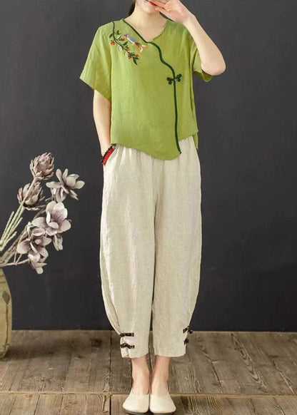 Grass Green Oriental Two Piece Suit Set Embroidered Summer