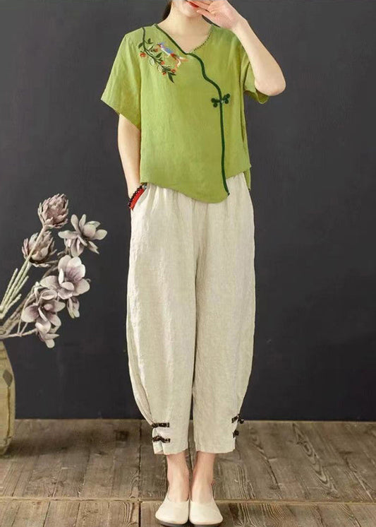 Grass Green Oriental Two Piece Suit Set Embroidered Summer
