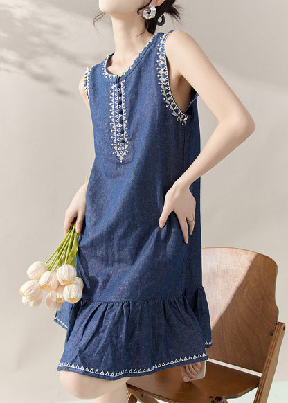 Casual Blue Print Patchwork Denim Mid Dresses Sleeveless
