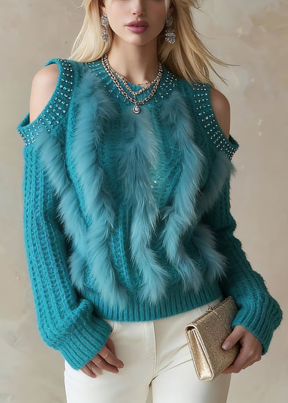 Unique Blue Zircon O-Neck Cold Shoulder Cotton Knit Sweaters Lantern Sleeve