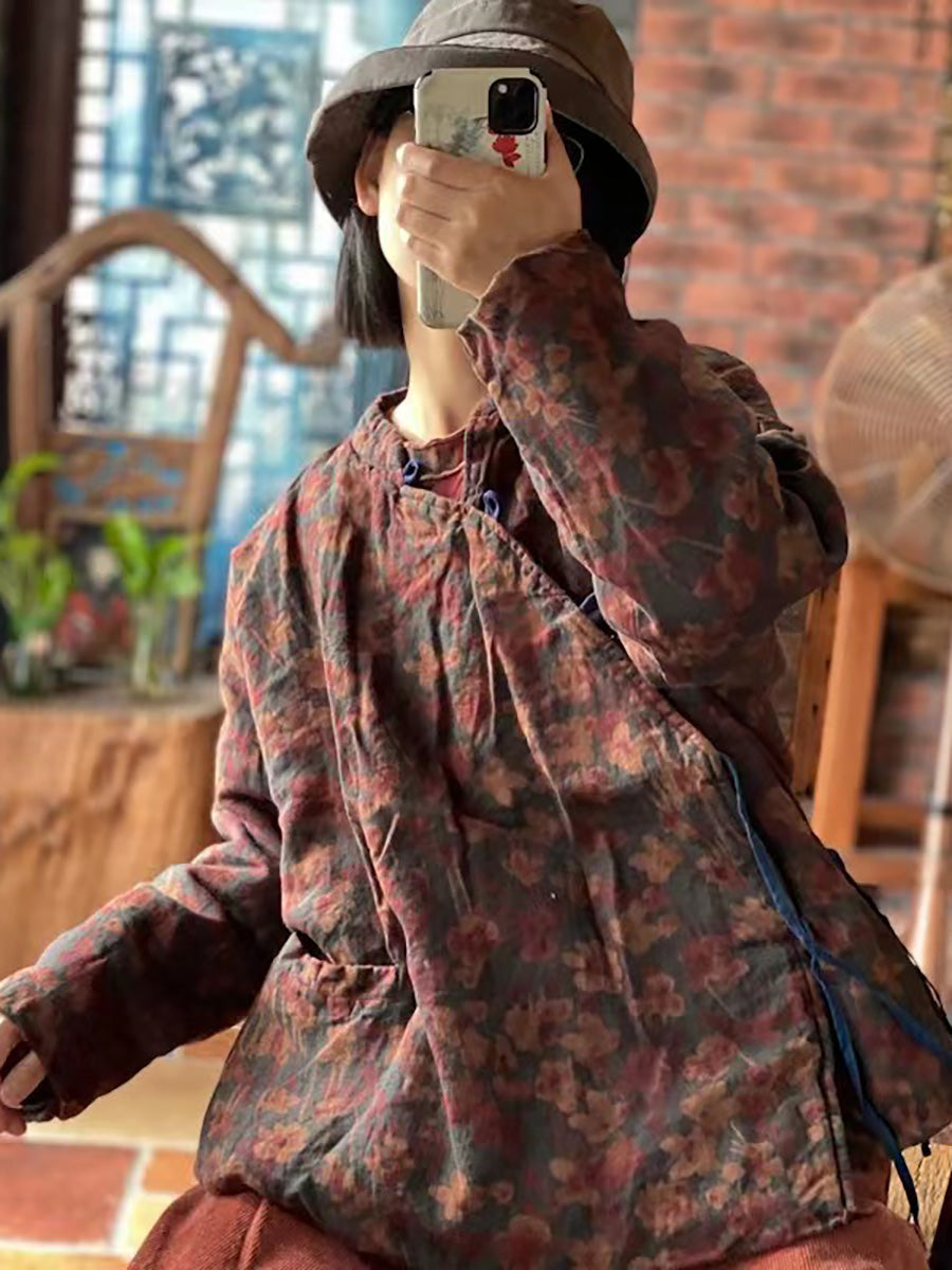 Women Stand Collar Print Pure Linen Vintage Loose Padded Coat