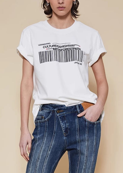 Women White O Neck Print Cotton T Shirts Summer