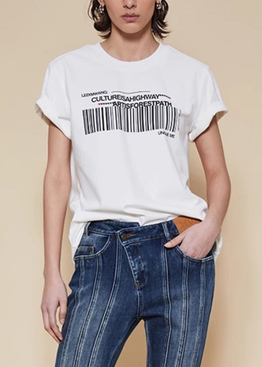 Women White O Neck Print Cotton T Shirts Summer