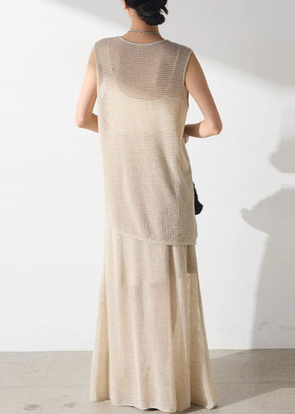 Elegant Beige Asymmetrical Hollow Out Tulle Two Piece Set Outfits Sleeveless