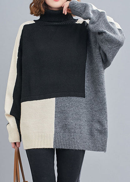 Stylish Black Turtle Neck Patchwork Knit Knit Pullover