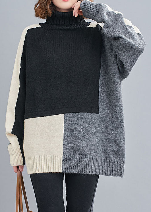 Stylish Black Turtle Neck Patchwork Knit Knit Pullover