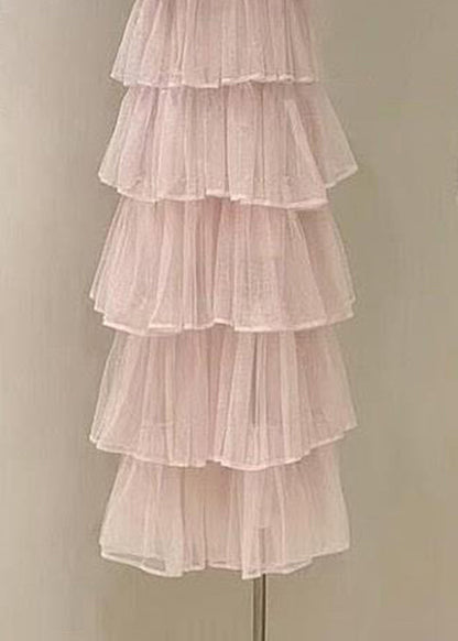 Fashion Pink Zircon High Waist Solid Tulle Long Dress Sleeveless