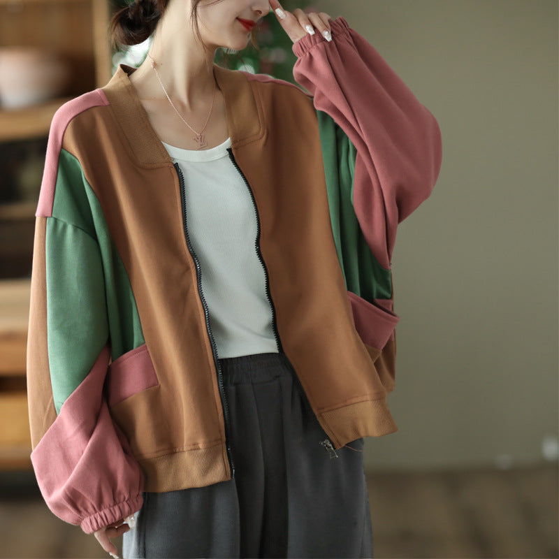 Retro Color-Blocking Loose Long-Sleeved Casual Literary Jacket