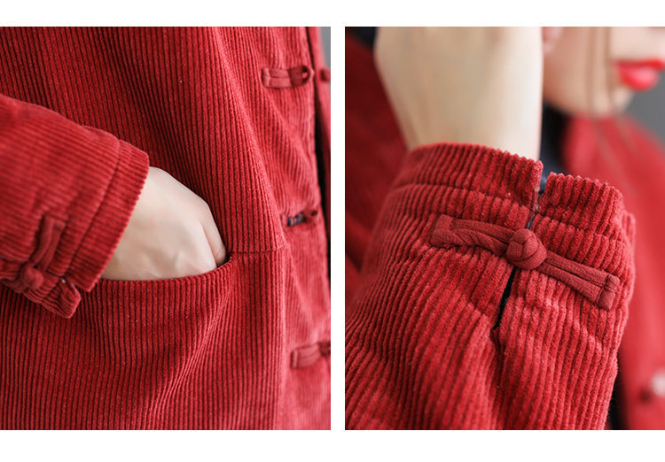 Stand Collar Corduroy Buckle Solid Stripe Thermal Jacket