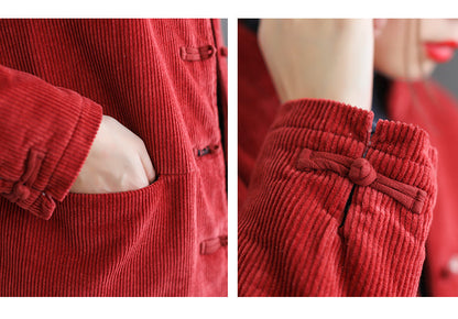 Stand Collar Corduroy Buckle Solid Stripe Thermal Jacket