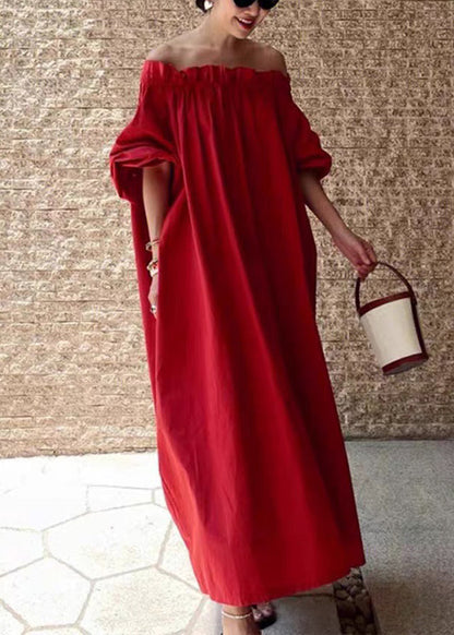 Simple Red Slash Neck Ruffled Solid Cotton Long Dresses Summer