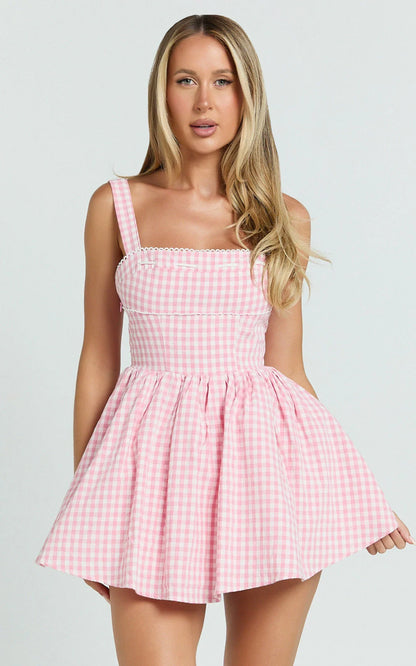 Caitlin Mini Dress - Gingham Square Neck Fit And Flare Dress In Pink