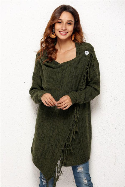 Tassel Asymmetrical Hem Shawl Speckled Fringe Cardigan - Khaki