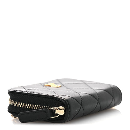 Lambskin Quilted CC Pearl Crush Zip Card Holder On Chain Black