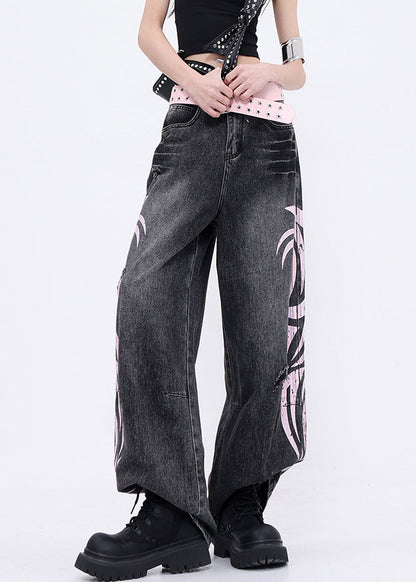 Boutique Black Graffiti Pockets Denim Wide Leg Pants Fall