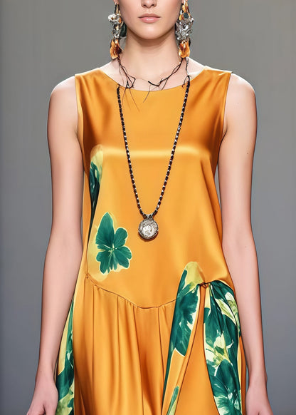 Bohemian Yellow Print Draping Silk Maxi Dresses Sleeveless