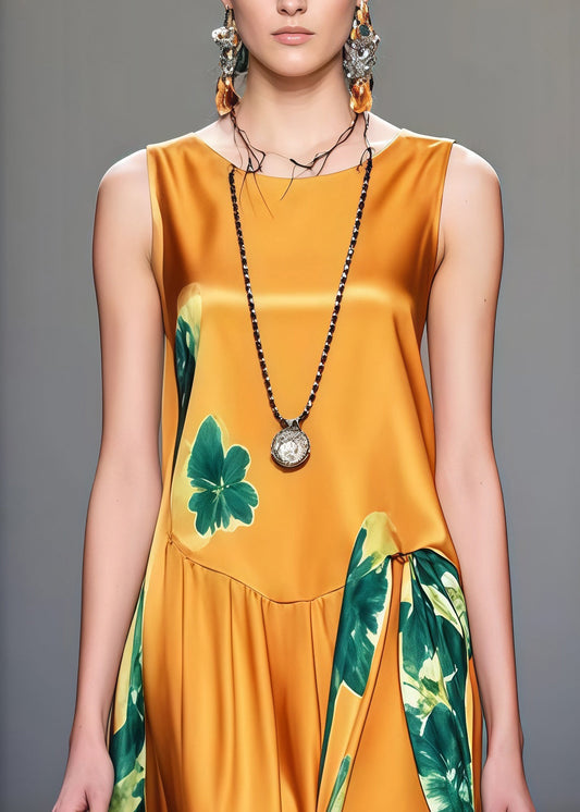 Bohemian Yellow Print Draping Silk Maxi Dresses Sleeveless